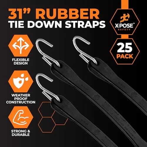 Xpose Safety Rubber Bungee Cords with Hooks 25 Pack 31 Inch (47 Inch Max Stretch) | Heavy-Duty Tie Down Straps for Cargo, Tarps, Motorcycles thumbnail 3