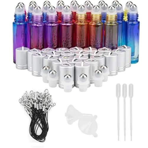 Foraineam 24 Pack 10ml Gradient Color Glass Essential Oil Roller Bottles with Stainless Steel Ball & Hanging Lid | Refillable Cosmetic Containers for Travel thumbnail 1