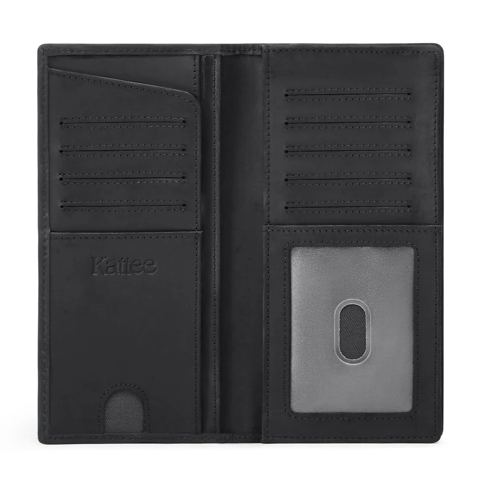 Kattee Men's Vintage Genuine Leather Long Wallet for Checkbook Credit Cards | Brown Bi-Fold (18.5cm x 9cm) — 2-Black New (with gift box)