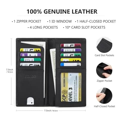 Kattee Men's Vintage Genuine Leather Long Wallet with Gift Box, Black | RFID Blocking Bifold Checkbook Wallet thumbnail 5