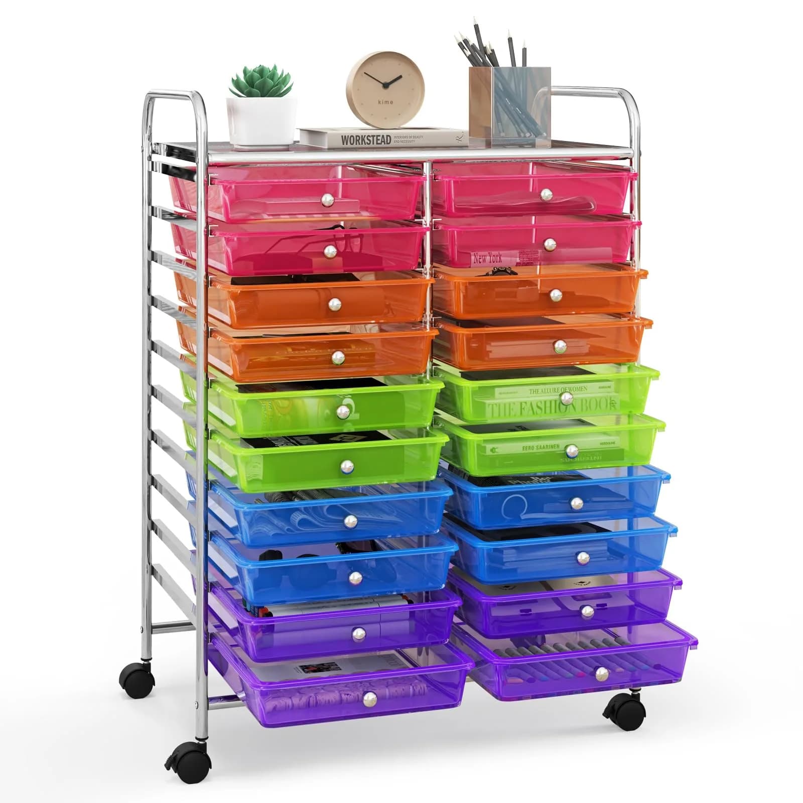 HAPPYGRILL 20-Drawer Organizer Cart Tools Rainbow | Mobile Utility Storage with Lockable Wheels