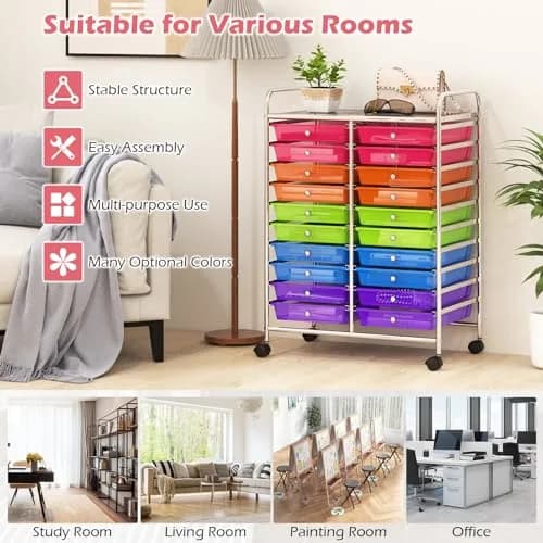 HAPPYGRILL 20-Drawer Organizer Cart Tools Rainbow | Mobile Utility Storage with Lockable Wheels thumbnail 6