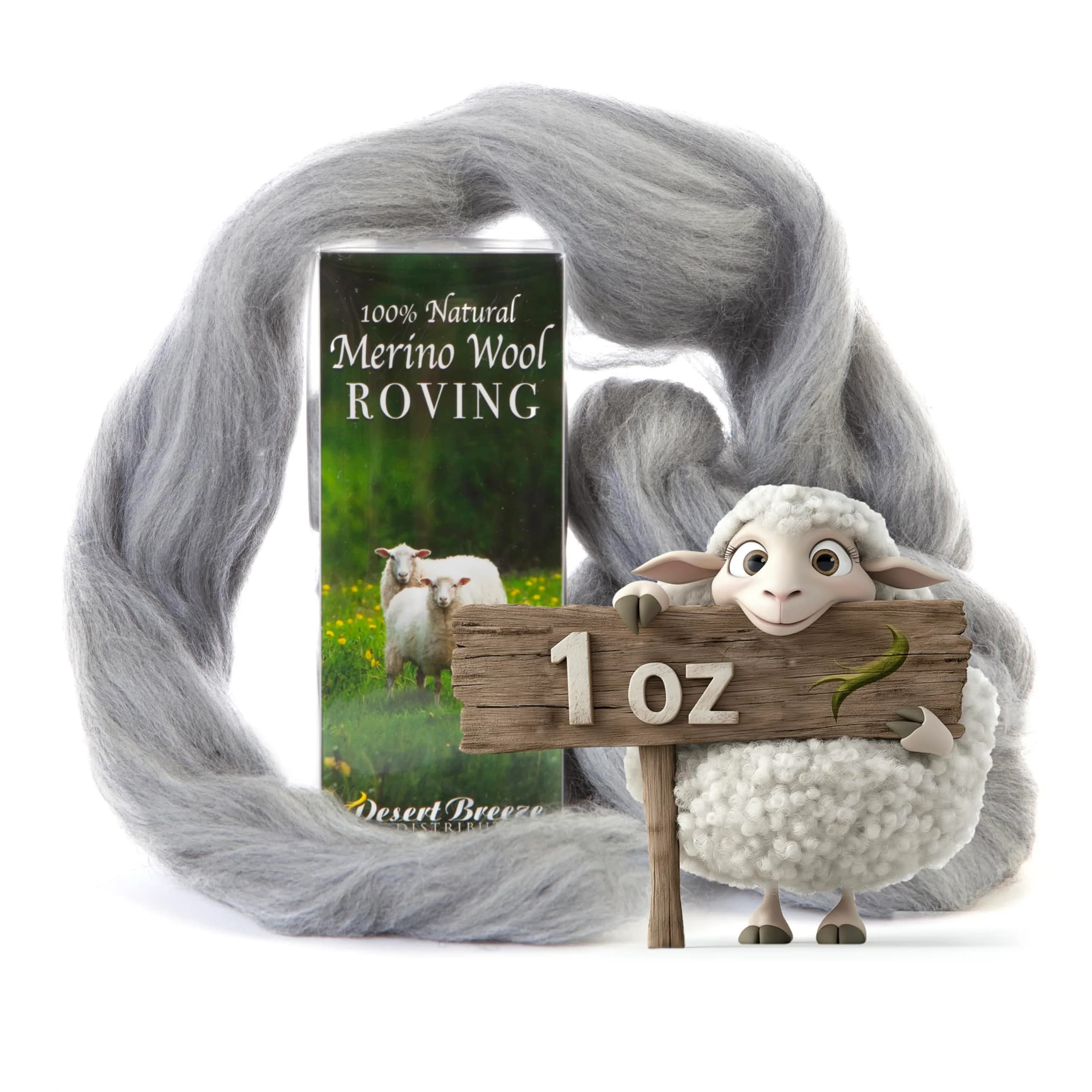Desert Breeze Distributing Merino Wool Roving 1 oz | Fine Needle Felting & Spinning — Grey
