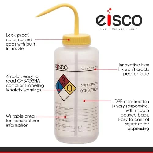 EISCO Isopropanol Wash Bottle 500ml (16.9 oz) with Color-Coded Safety Labels | GHS Compliant Lab Squeeze Bottle thumbnail 7