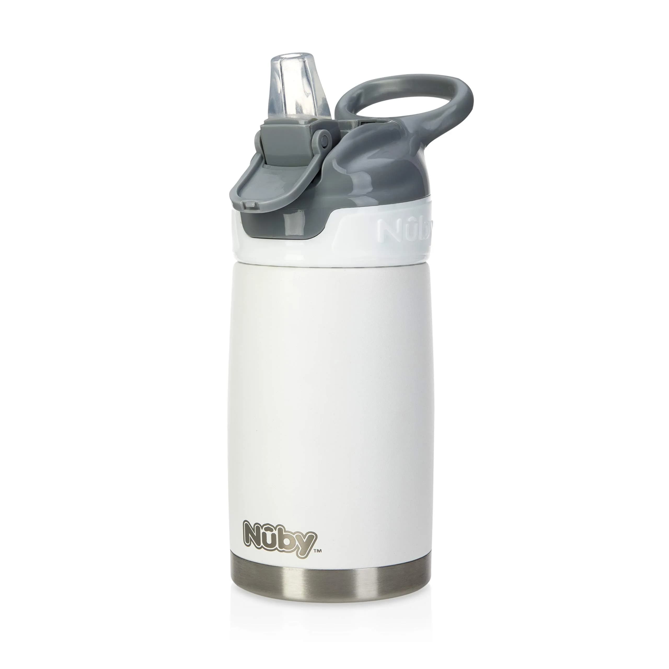 Nuby Thirsty Kids No-Spill Flip-It Reflex Stainless Steel Travel Cup 300ml (10.1 oz) | Spill-Proof Sippy Cup for Toddlers 18+ Months — White