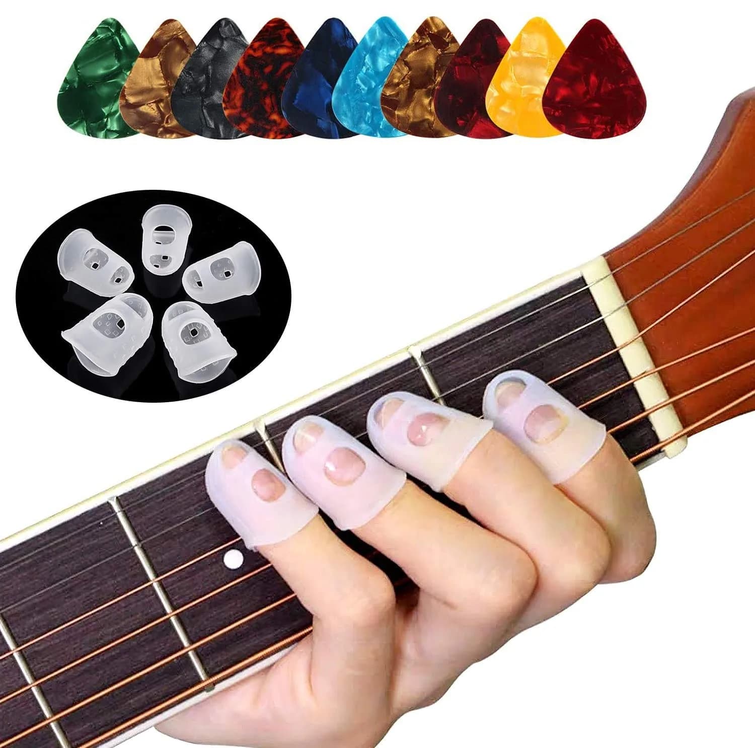 AUGSUN Silicone Guitar Fingertip Protectors & Celluloid Picks | 40 Protectors (5 Sizes) + 10 Picks