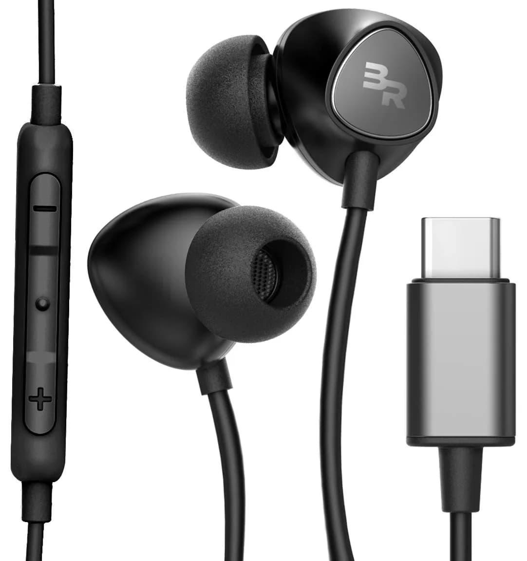 Bolle & Raven Thore USB Type C Earbuds | in Ear Wired Headphones with Microphone Remote | for S21 / S22 / S23 / S24 / S25 Ultra, Pixel 4/5 XL/6/6a/7/8 Pro, iPad Pro - Red — Black