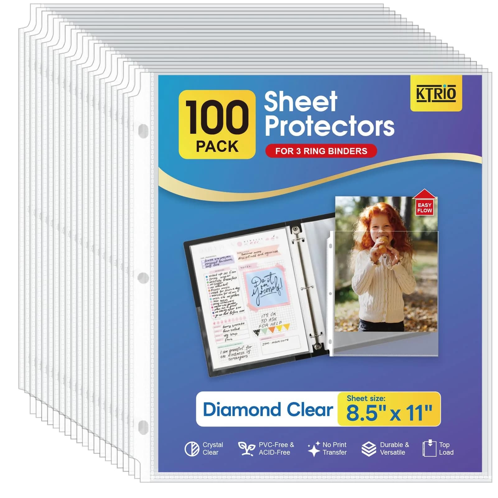 KTRIO Sheet Protectors 8.5 x 11 Inch, 100 Pack | Clear Polypropylene for 3-Ring Binders