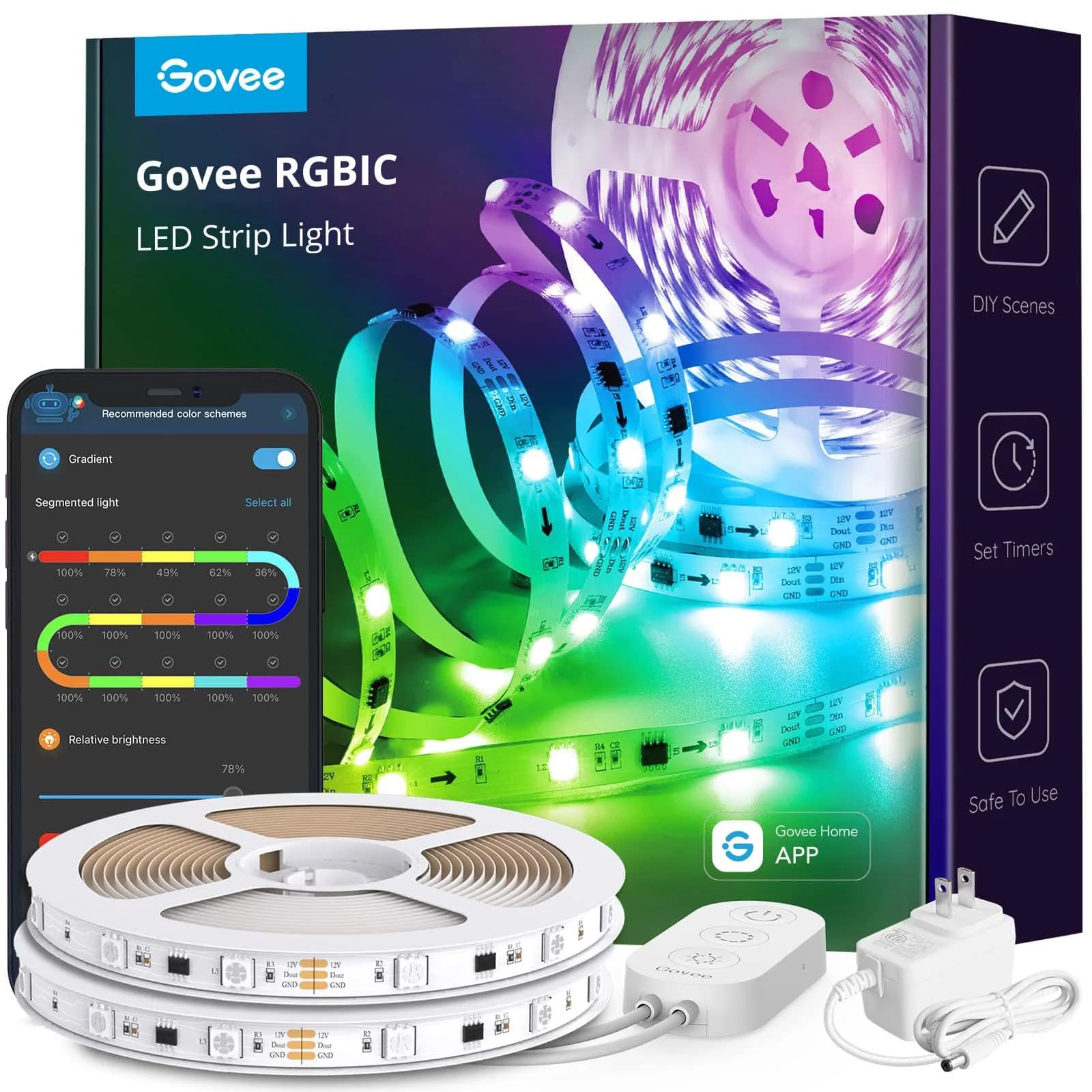Govee 65.6ft (20m) RGBIC LED Strip Lights | Smart App Control for Bedroom, Party, and Room Decor — 32.8ft