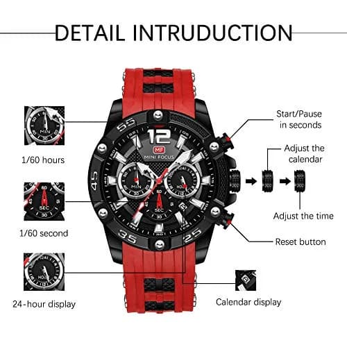 MF MINI FOCUS Men's Chronograph Watch Red Silicone Strap | Japanese Quartz Movement thumbnail 5