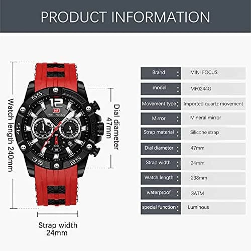 MF MINI FOCUS Men's Chronograph Watch Red Silicone Strap | Japanese Quartz Movement thumbnail 6