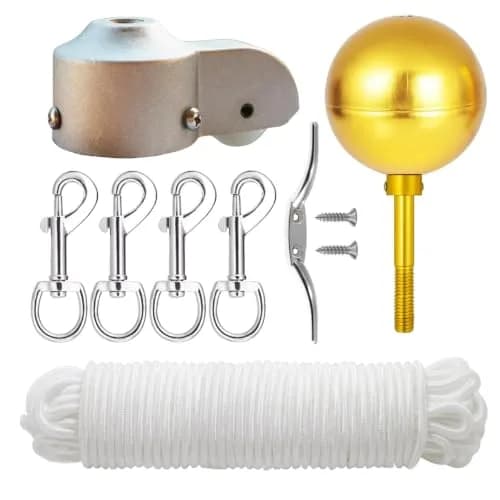 EKEV Flag Pole Repair Kit with Gold Ball, 50ft Rope & Cleat for 2.5" OD Tube | Outdoor Decor for Homes & Businesses thumbnail 1