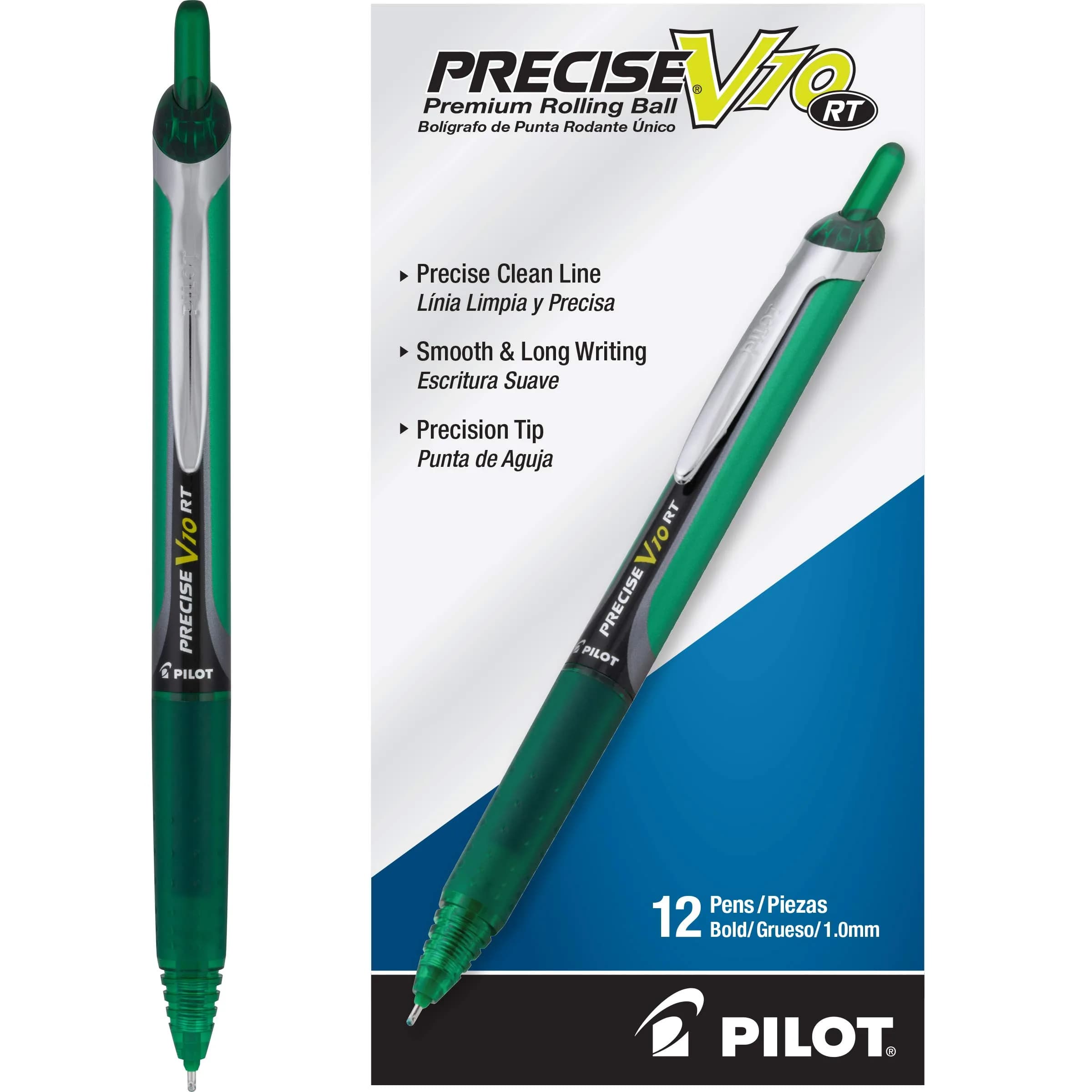 PILOT Precise V10 RT Retractable Ball Pens 1.0mm Black | Smooth Liquid Ink, Bold Point, Refillable, 12-Pack — Green