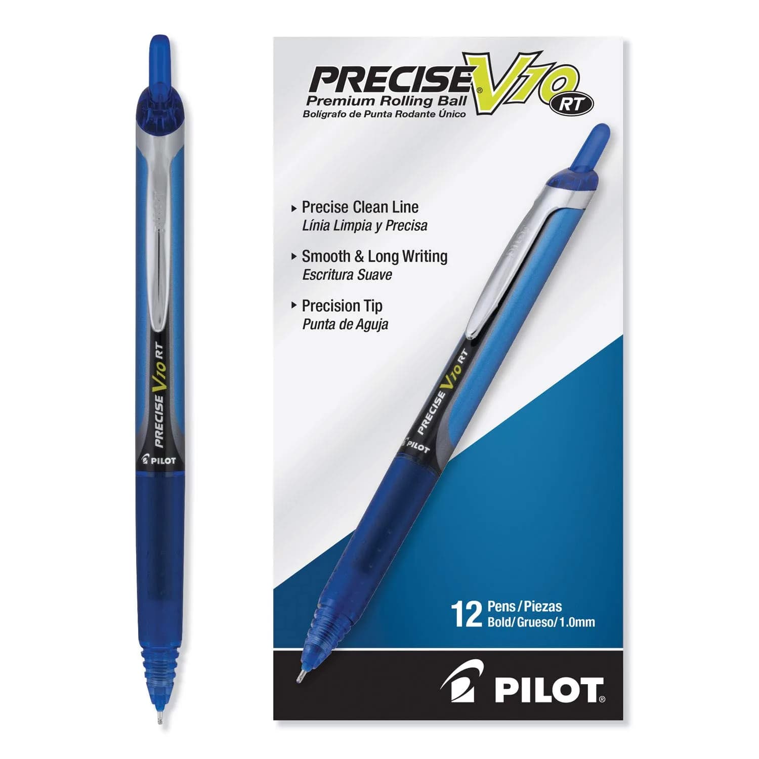 PILOT Precise V10 RT Retractable Ball Pens 1.0mm Black | Smooth Liquid Ink, Bold Point, Refillable, 12-Pack — Blue