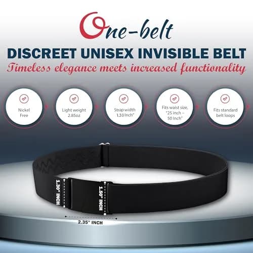 ONE-BELT No Show Invisible Elastic Belt 1.5" Adjustable Fits Waist Up to 50" Black thumbnail 3