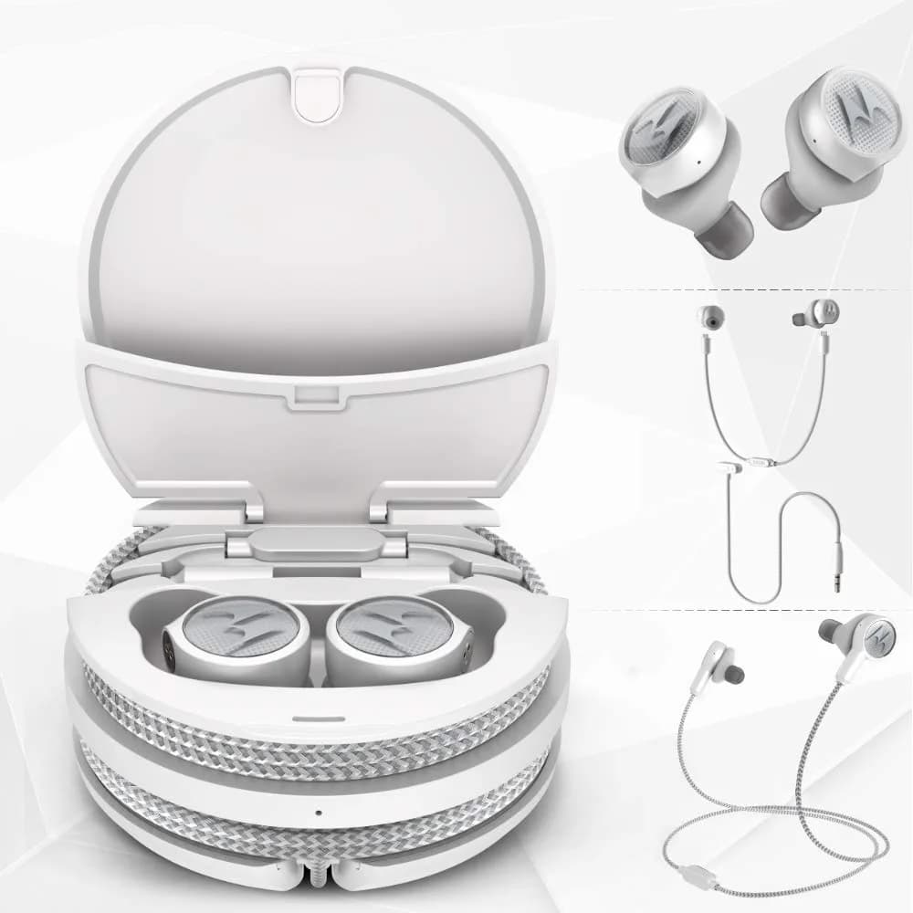 Motorola Tech3 True Wireless Earbuds with Charging Case | 7 Hours Playtime + 11 Hours Case | IPX5 Water Resistant — Platinum-White