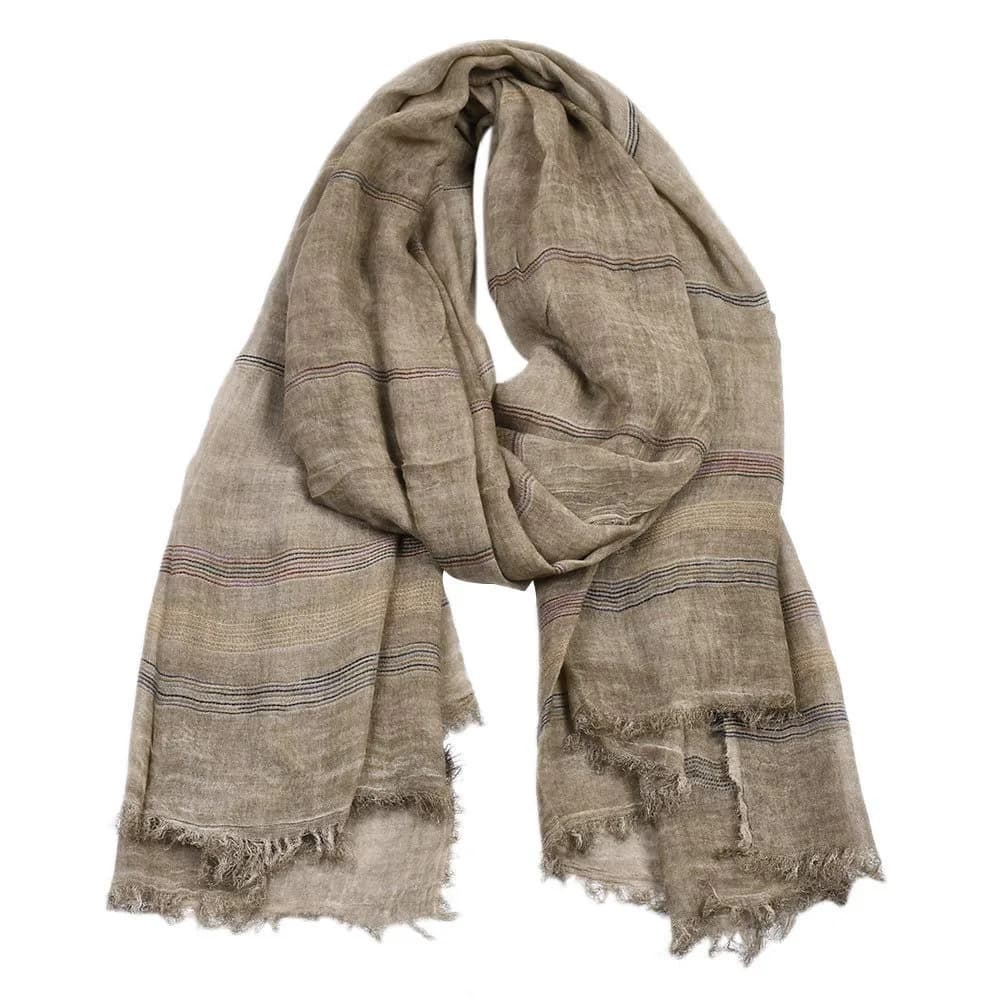 Kangqifen Unisex Striped Cotton Linen Scarf 75 x 35 inches | Lightweight & Soft for All Seasons — Khaki