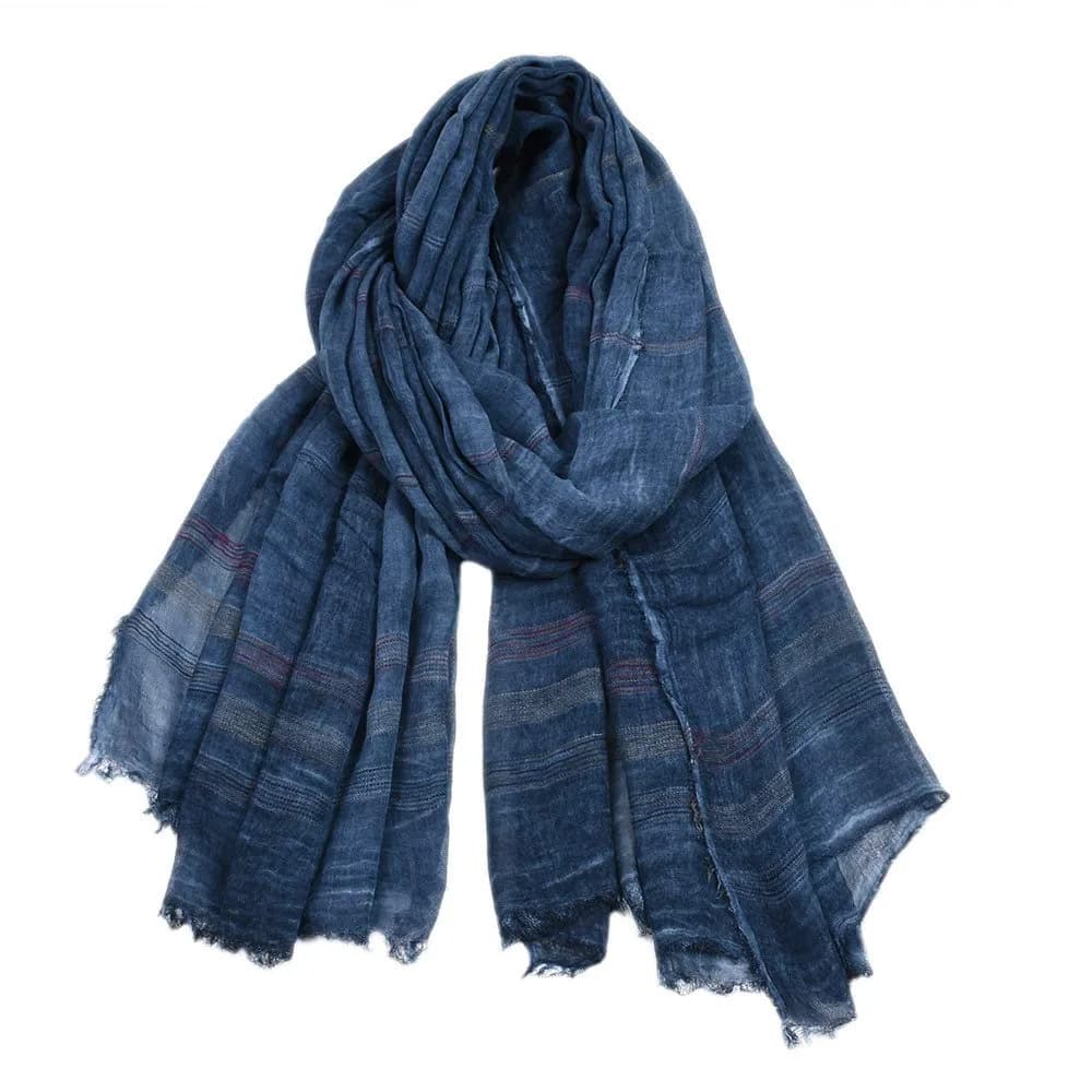 Kangqifen Unisex Striped Cotton Linen Scarf 75 x 35 inches | Lightweight & Soft for All Seasons — Dark Blue