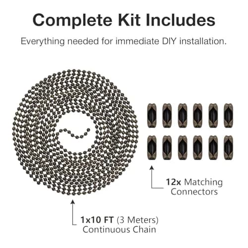 SmoTecQ Brass Fan Pull Chain Extension 3.0mm (10 ft / 305 cm) with 12 Connectors | Antique Bronze Finish thumbnail 3