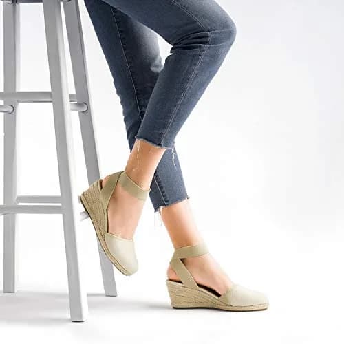 DREAM PAIRS Women's Ankle Strap Wedge Sandals, Size 9.5 (2.4 inch heel) Beige/White | Comfortable & Stylish Summer Footwear thumbnail 2