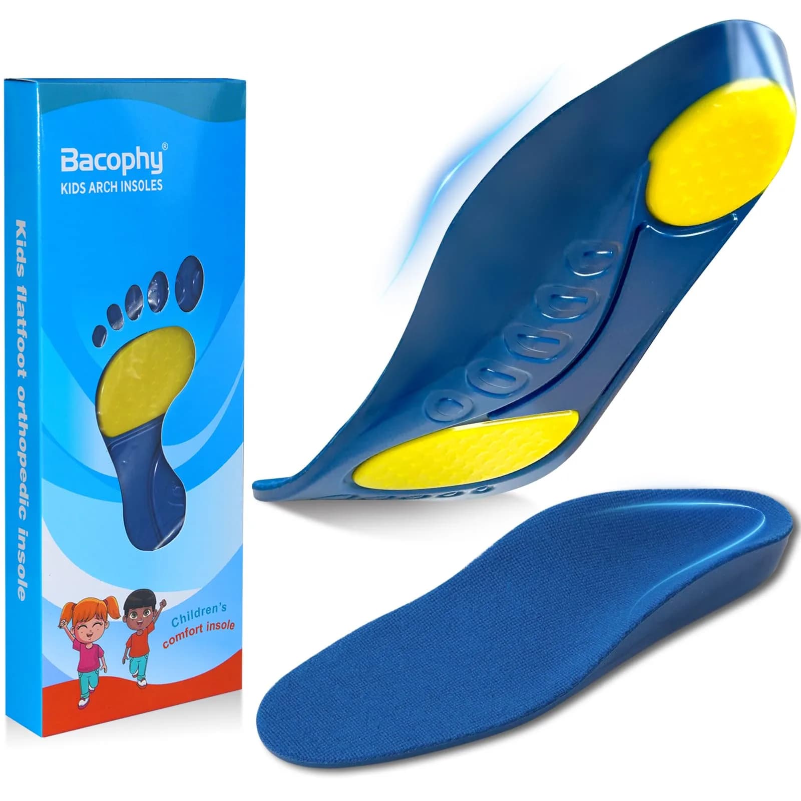 Bacophy Kids Arch Support Insoles 3.5cm Support Deep Heel Cushion for Children — Deep Blue / 2.5-4.5 M US Little kids