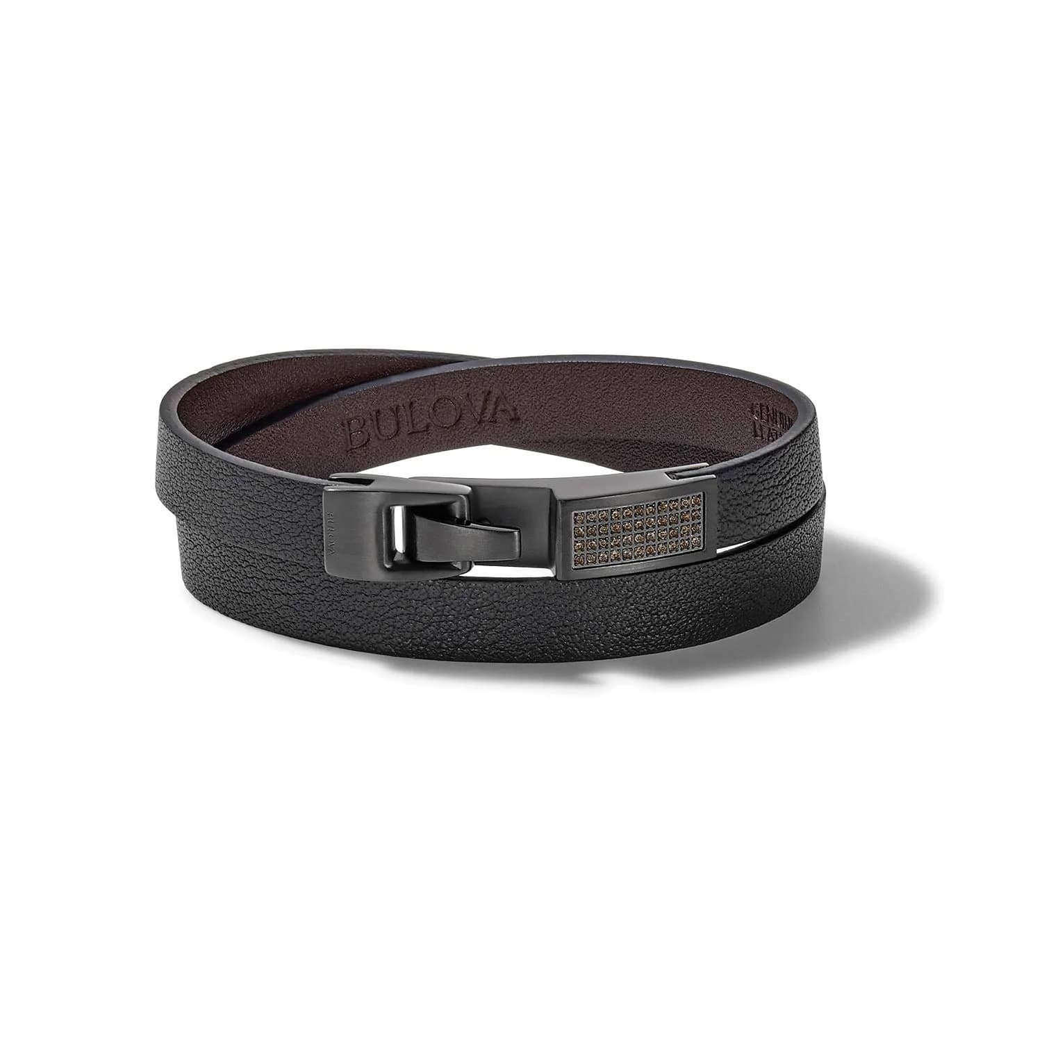 Bulova Men's Latin Grammy Double Wrap Black Leather Bracelet with Diamonds | Modern Sport Style (70-120 chars) — Brown Diamonds / Large
