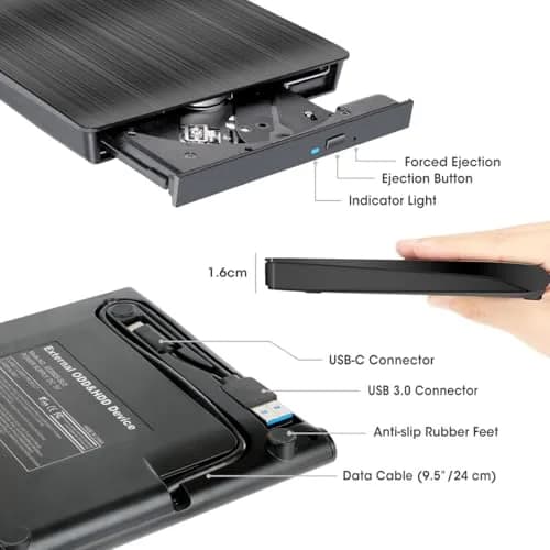 ROOFULL External CD DVD Drive with Carrying Case | USB 3.0 Type-C for Laptop & PC thumbnail 6