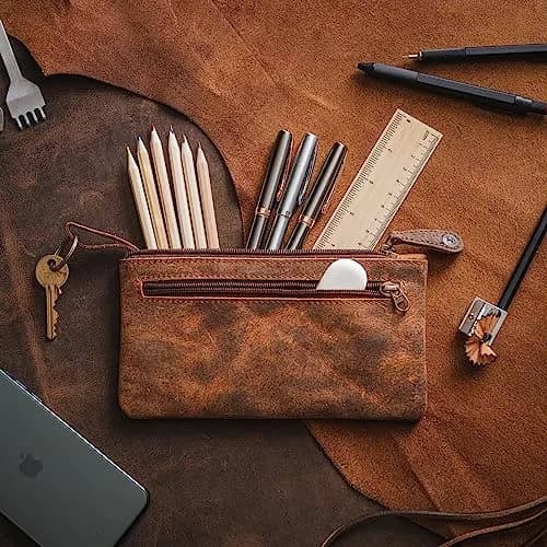 moonster Full-Grain Buffalo Leather Pen Case, 8x4 Inch | Handmade Small Leather Pouch for Pens & Stationery thumbnail 6