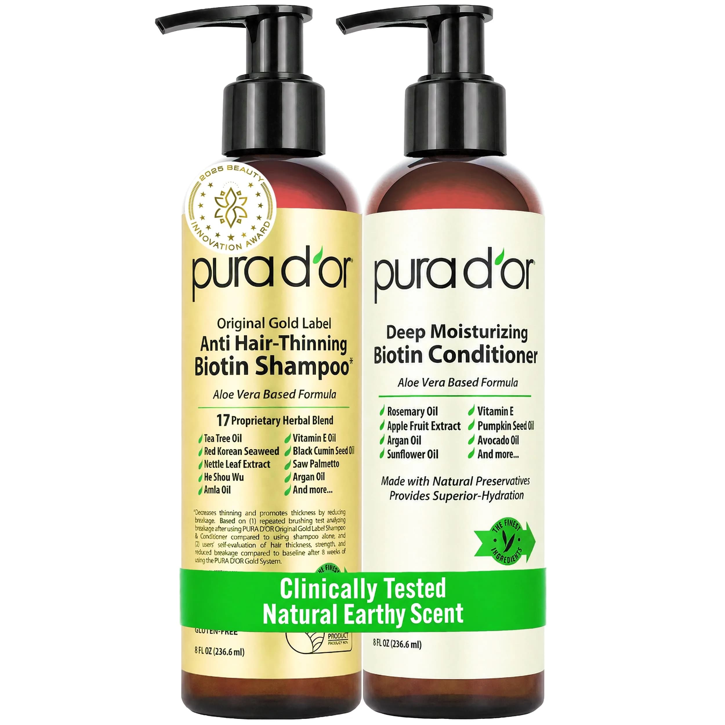 PURA D'OR Original Gold Label Anti-Thinning Biotin Shampoo & Conditioner Set 473ml (16 Fl Oz) | Clinically Tested for Hair Regrowth & Strength