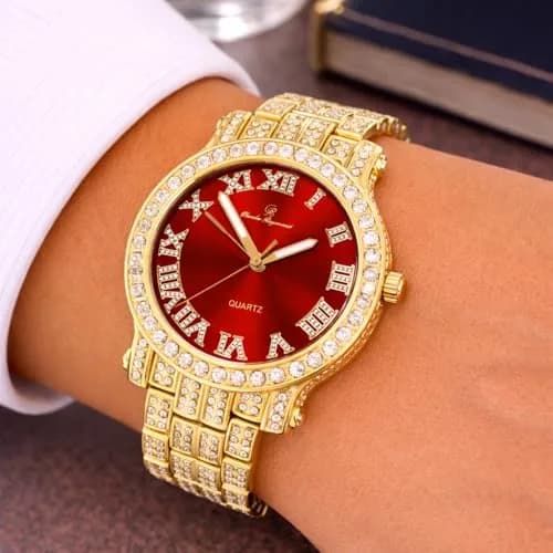 Charles Raymond Bling-ed Out Gold Hip Hop Mens Watch 36 Diamonds | Red Dial, 8.5" Adjustable thumbnail 4