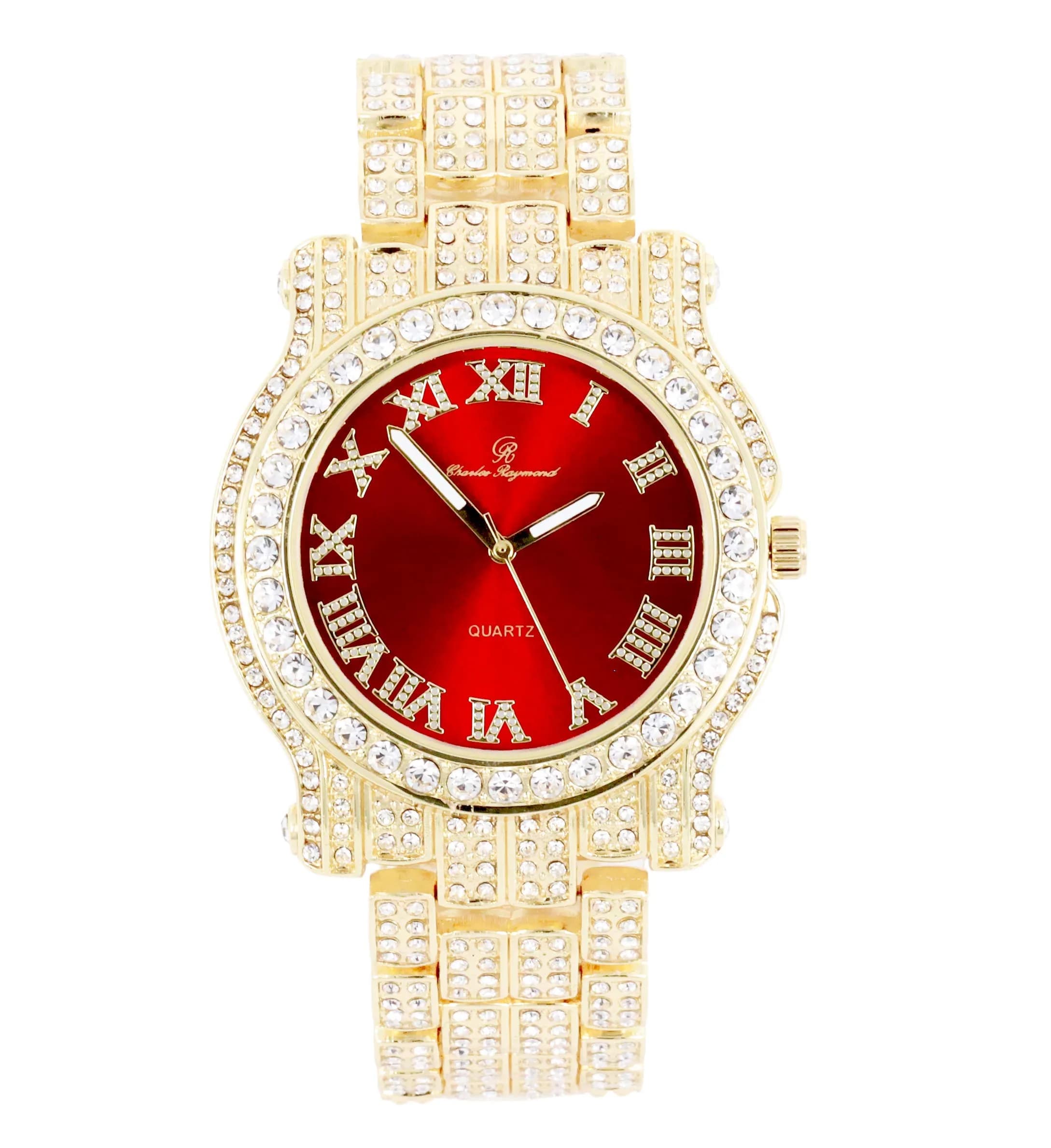 Charles Raymond Bling-ed Out Gold Hip Hop Mens Watch 36 Diamonds | Red Dial, 8.5" Adjustable - main product image