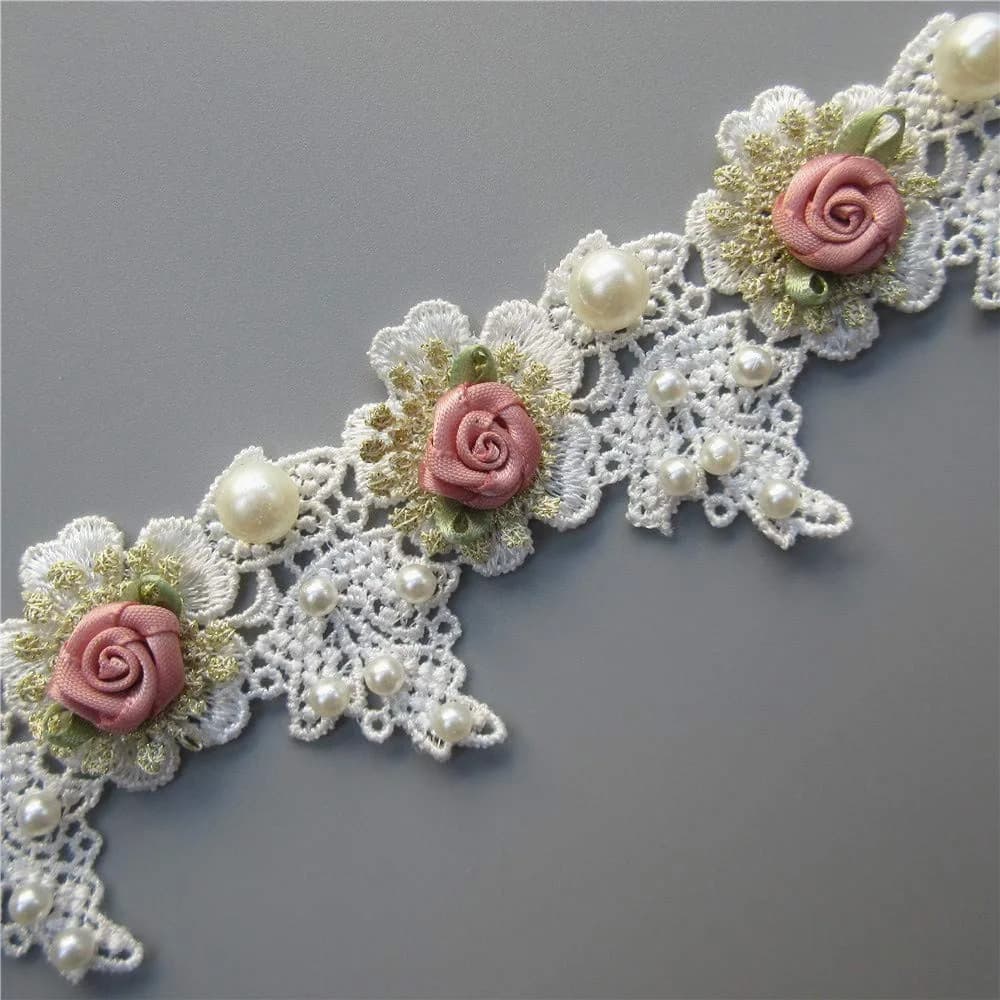 Milcraft Decorative Ribbon Trim Floral Embroidered Lace 5cm | Vintage Gold Pearl Rose Flowers - main product image
