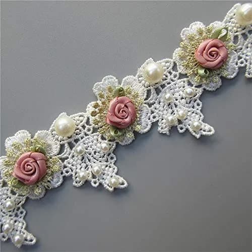 Milcraft Decorative Ribbon Trim Floral Embroidered Lace 5cm | Vintage Gold Pearl Rose Flowers thumbnail 1