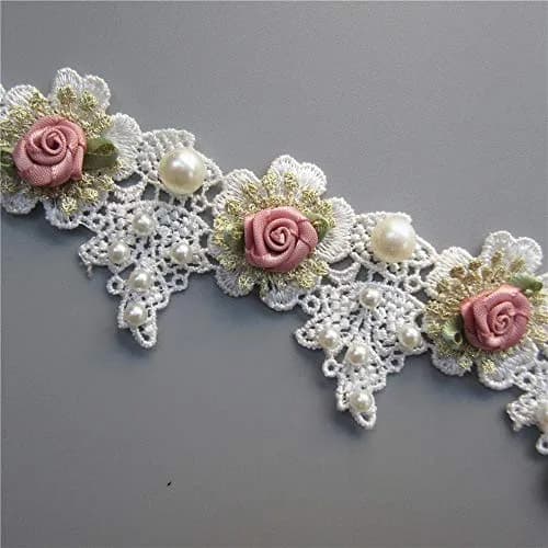 Milcraft Decorative Ribbon Trim Floral Embroidered Lace 5cm | Vintage Gold Pearl Rose Flowers thumbnail 2