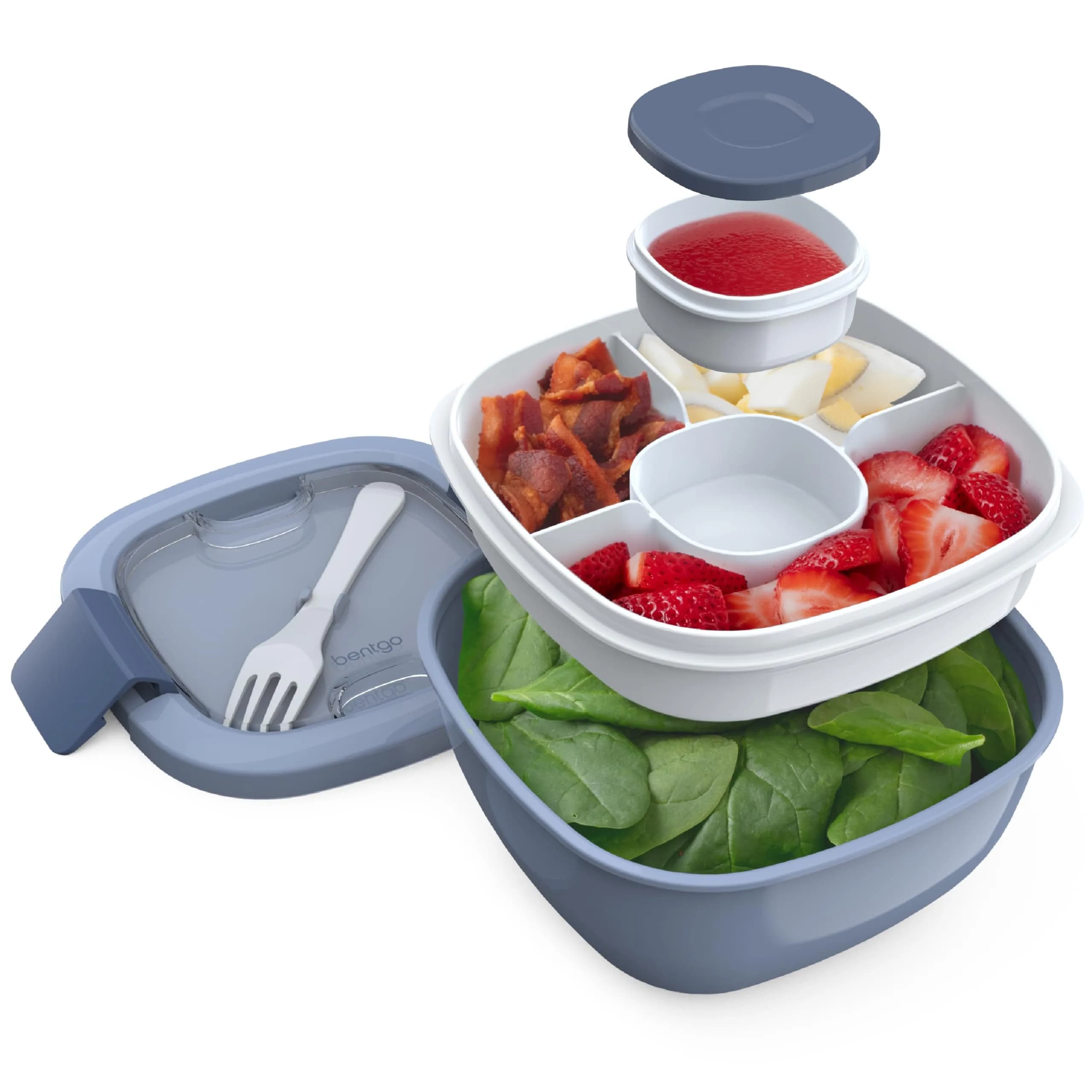 Bentgo Salad Container Lunch Bowl with 4-Compartment Toppings Tray 1.9L (54 oz) | Leak-Proof Sauce Container & Reusable Fork Included