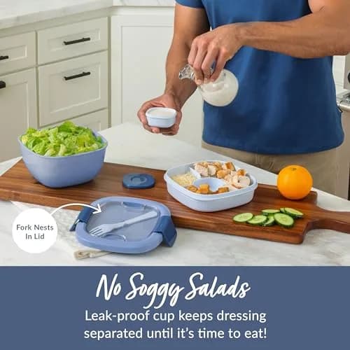 Bentgo Salad Container Lunch Bowl with 4-Compartment Toppings Tray 1.9L (54 oz) | Leak-Proof Sauce Container & Reusable Fork Included thumbnail 4