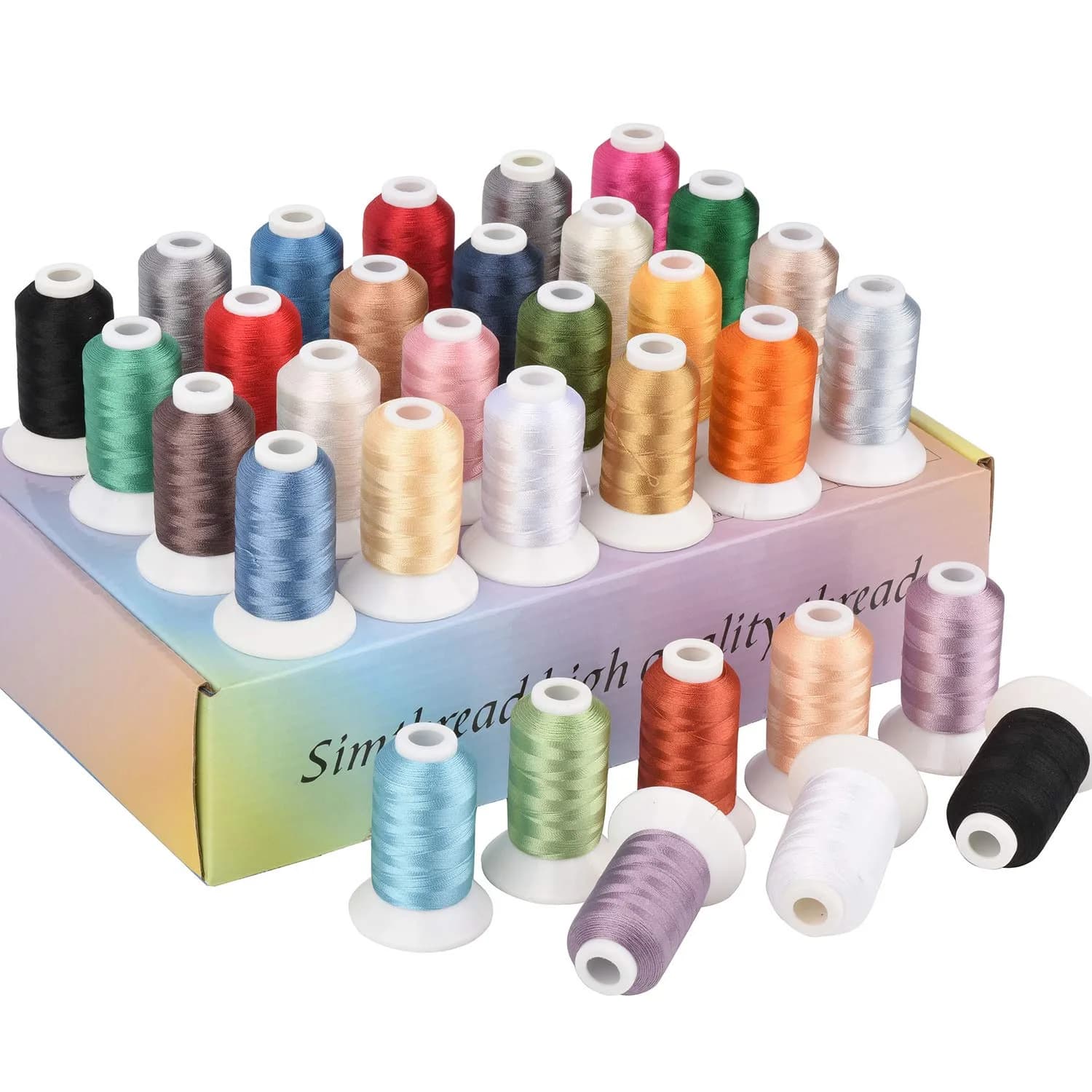 Simthread Polyester Embroidery Thread Kit 32 Assorted Colors 500M | Bright, Durable & Fast Color Fastness — Assortment Color 1