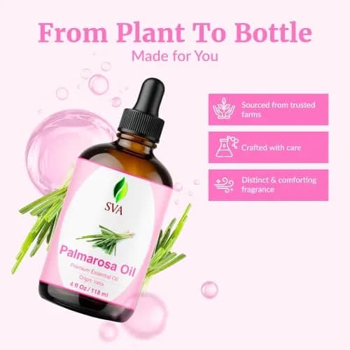 SVA ORGANICS Palmarosa Essential Oil 118 ml (4 Fl Oz) | Pure Floral Aroma for Diffuser, Skin & Hair Care thumbnail 4