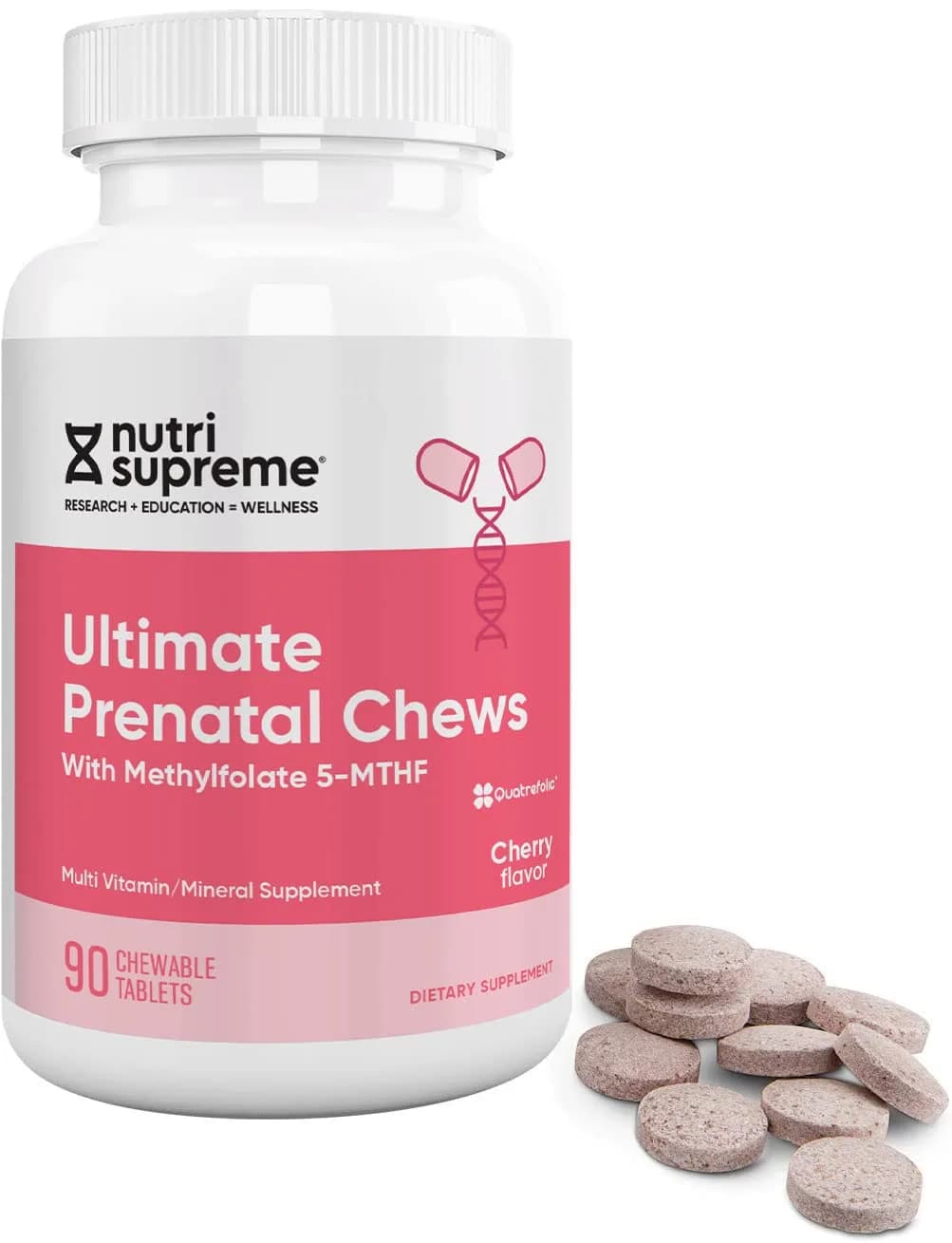 NUTRI-SUPREME RESEARCH Nutri Supreme Prenatal Vitamin Chewable Cherry 90 Count | Absorbable Folic Acid & Iron Support - main product image
