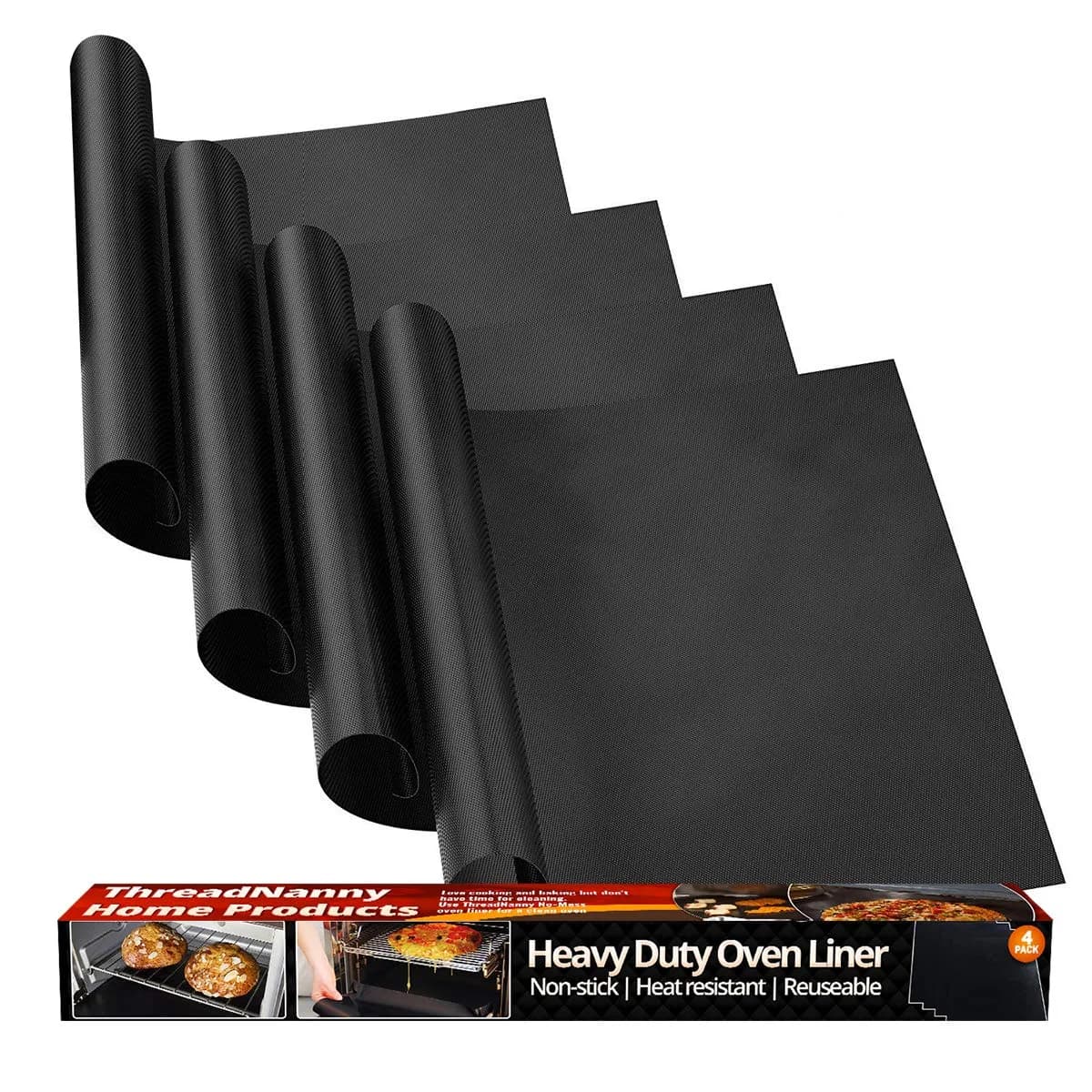 ThreadNanny Heavy Duty Oven Liners 4 Pack 43cm x 63.5cm (17" x 25") | Protects Oven Bottom from Spills — Black