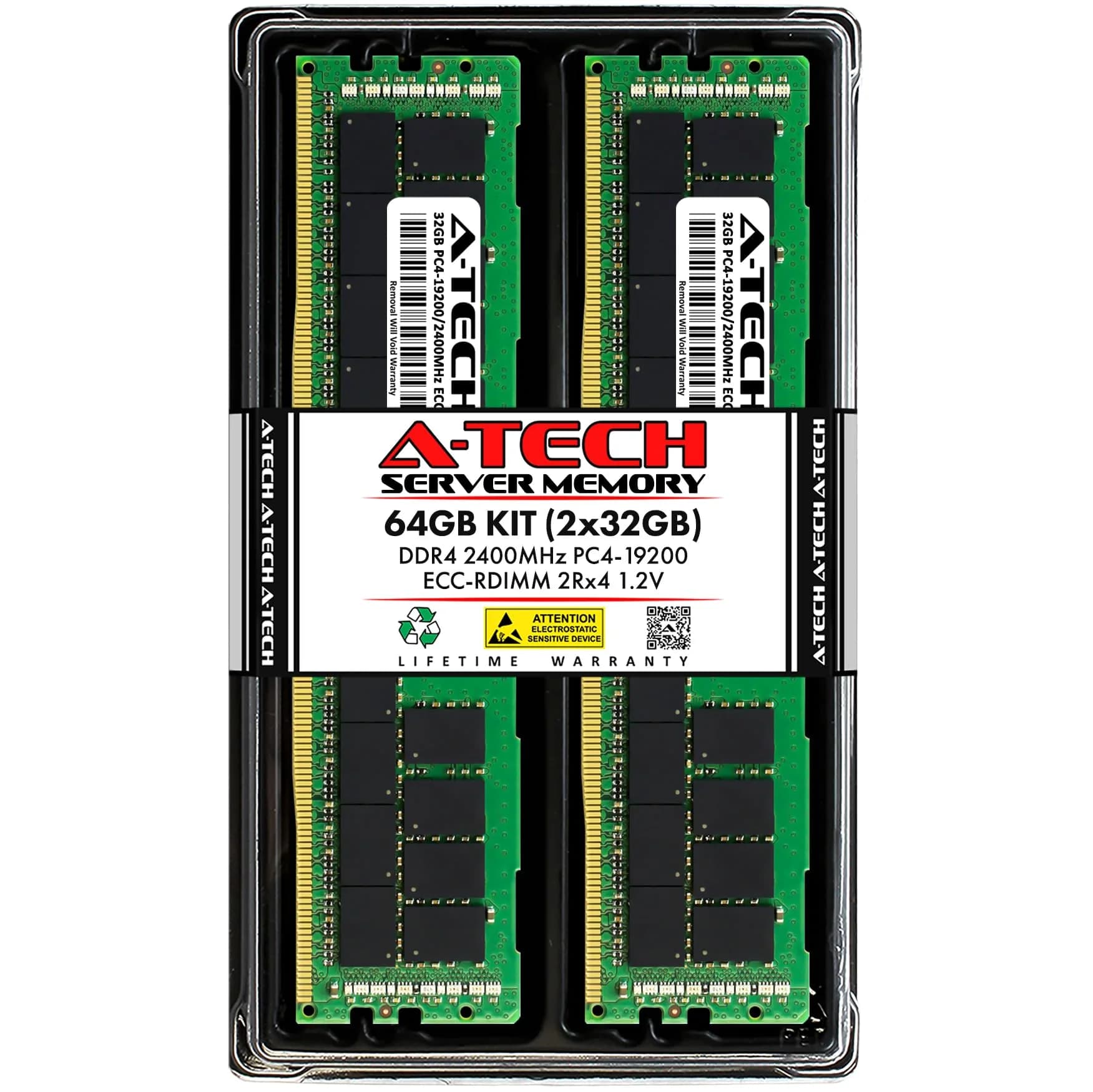 A-Tech 32GB DDR4 2400MHz ECC RDIMM 2Rx4 Dual Rank 1.2V Server & Workstation RAM Module | 2400MHz PC4-19200 ECC Registered DIMM — 64GB Kit