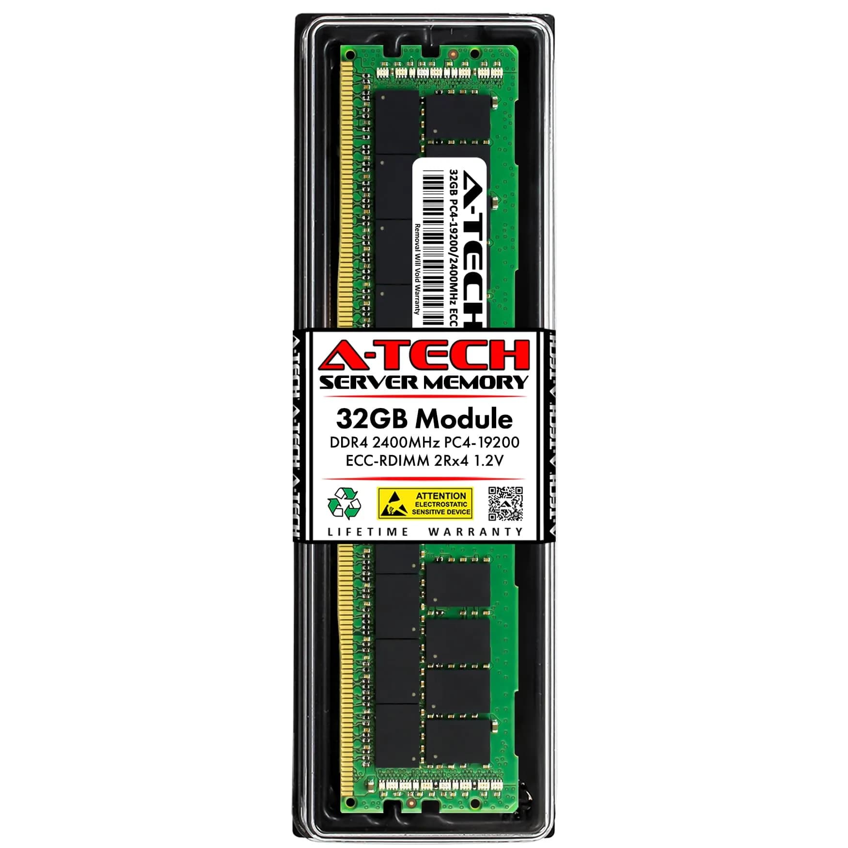 A-Tech 32GB DDR4 2400MHz ECC RDIMM 2Rx4 Dual Rank 1.2V Server & Workstation RAM Module | 2400MHz PC4-19200 ECC Registered DIMM - main product image