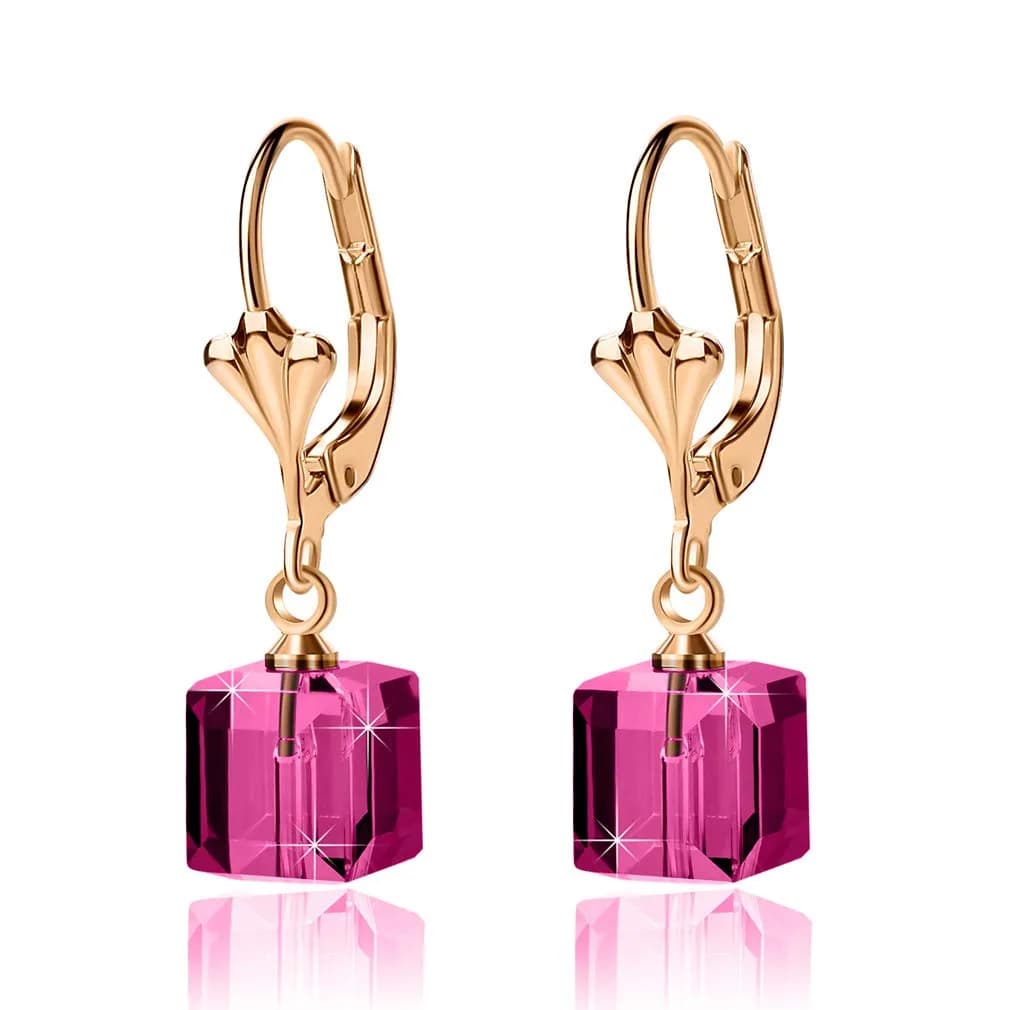 EVEVIC Austrian Crystal Cube Drop Leverback Earrings for Women | 2.5 cm (1") Drop — Fuchsia