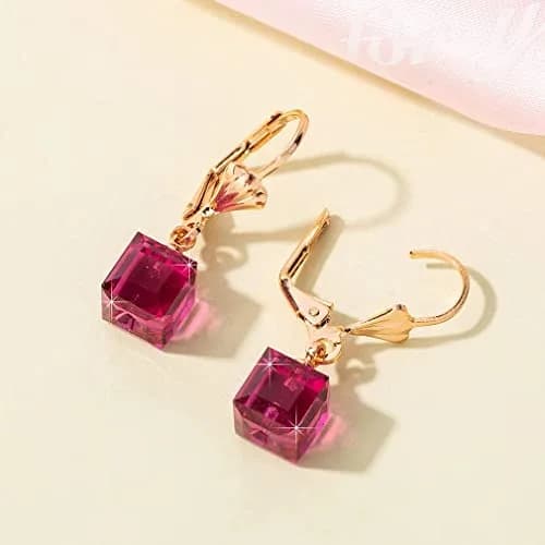 EVEVIC Austrian Crystal Cube Drop Leverback Earrings for Women | Geometric Sparkle, 14K Gold Plated, Secure Fit thumbnail 8