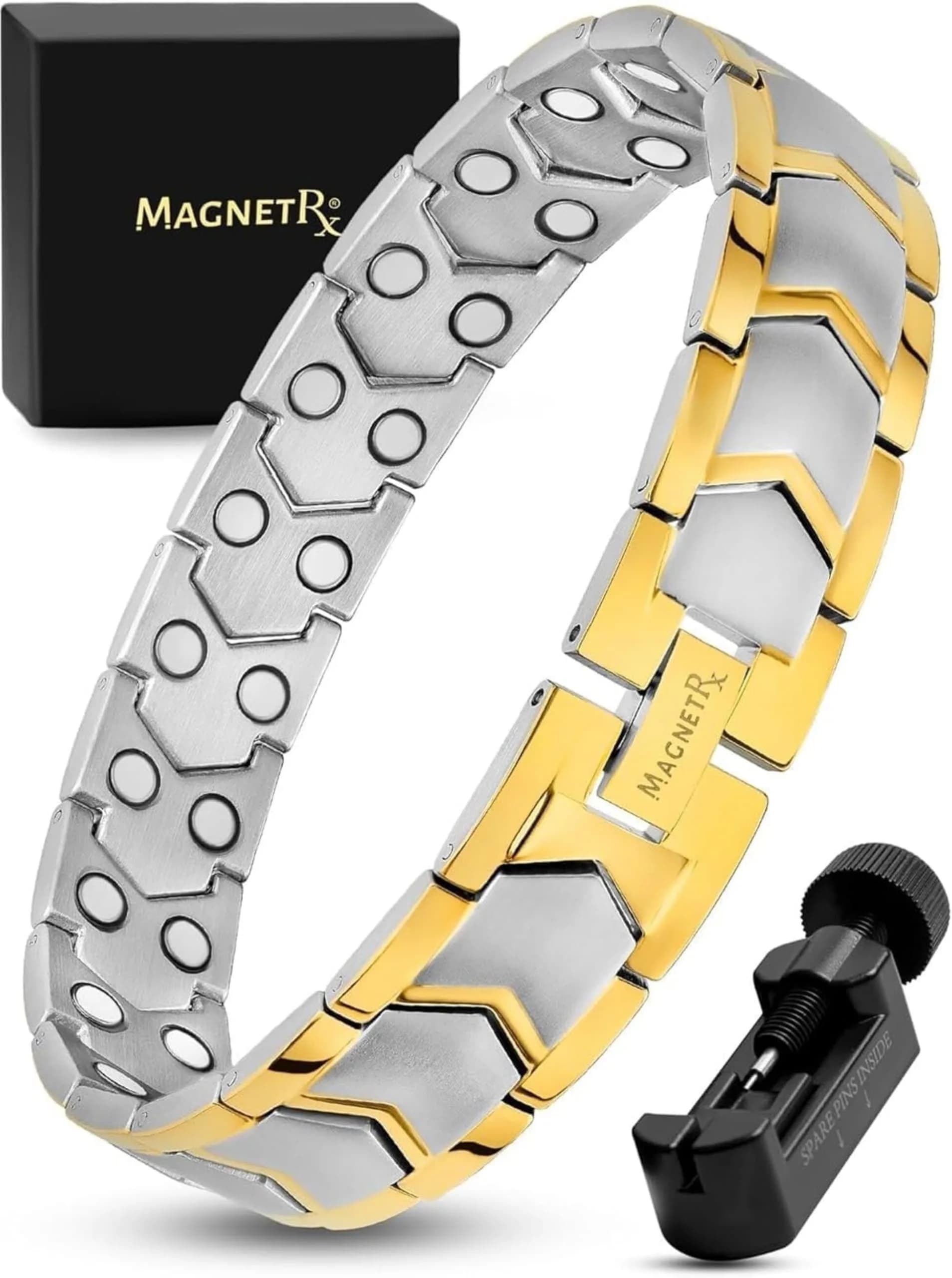 MagnetRX® 3X Strength Titanium Magnetic Bracelet for Men (Silver) 23.11 cm (9.1 inches) | Triple Strength Relief — Gold & Silver Arrow Style (2X Strength)