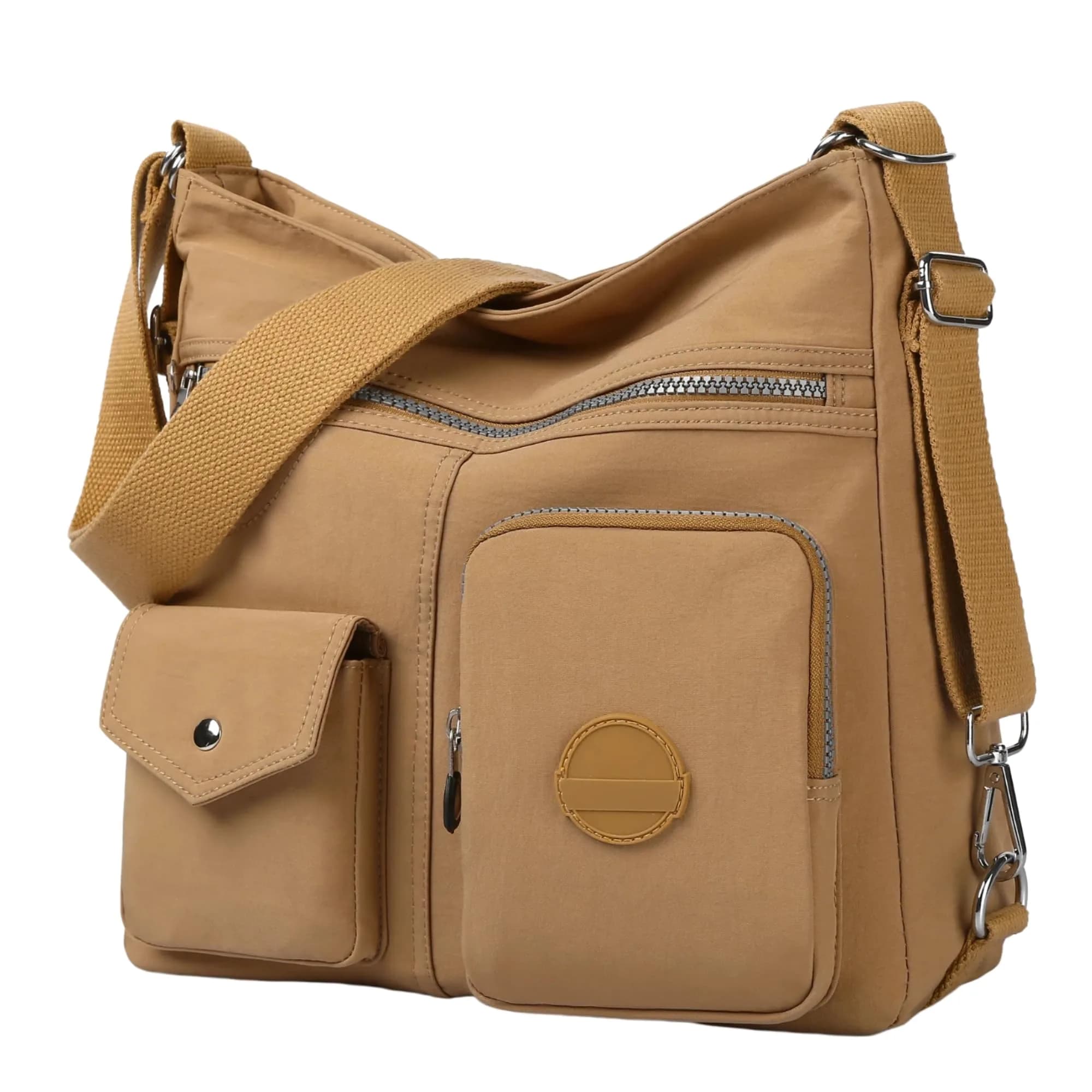 Dora & Liz Hobo Purse for Women, Nylon Crossbody Shoulder Handbag Convertible Backpack 34cm (13.39") | Multi-Way Carry Water-Resistant Bag — Beige