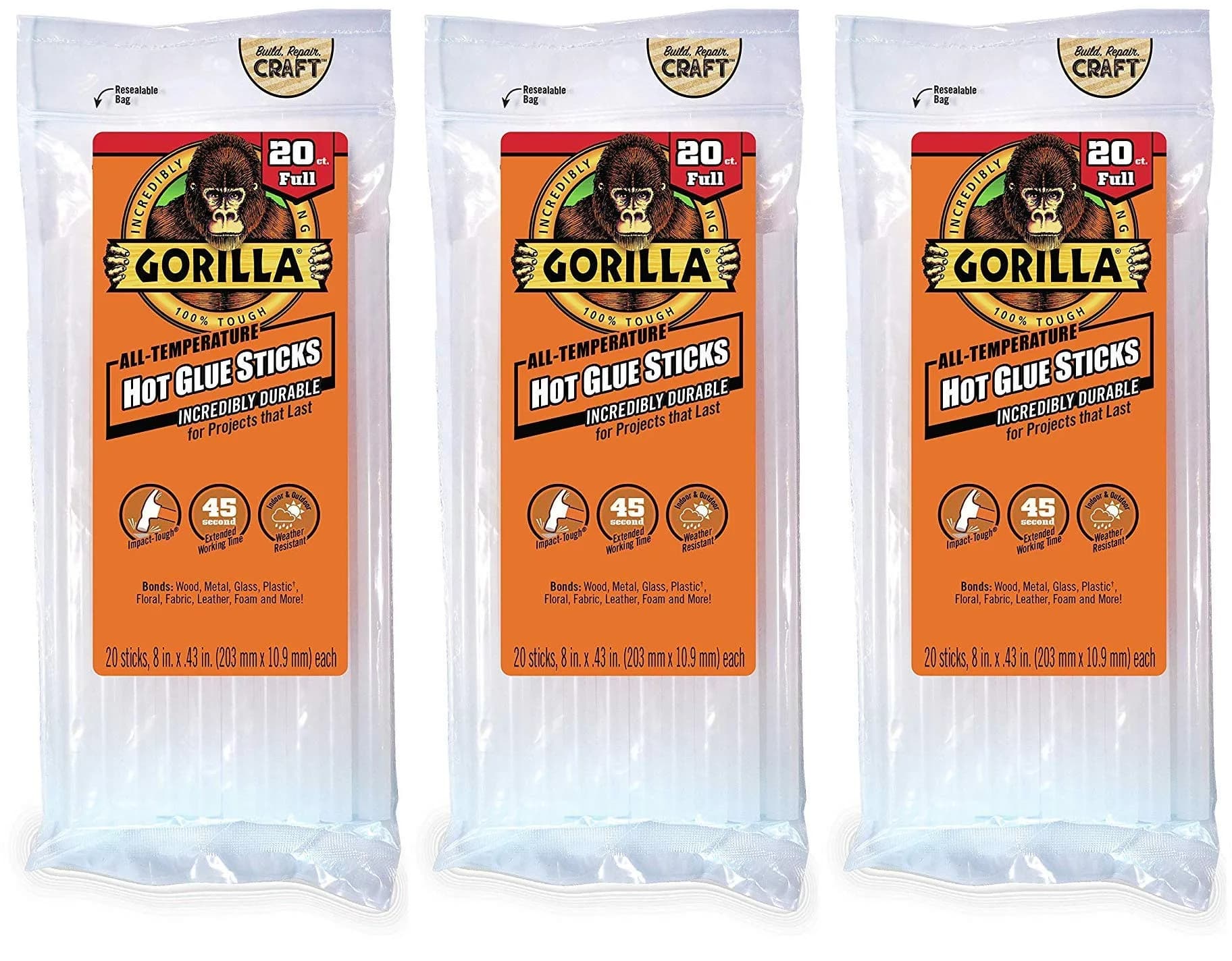 Gorilla Hot Glue Sticks, Clear, 8" Full Size, 20 Count - Weather Resistant & Extended Work Time