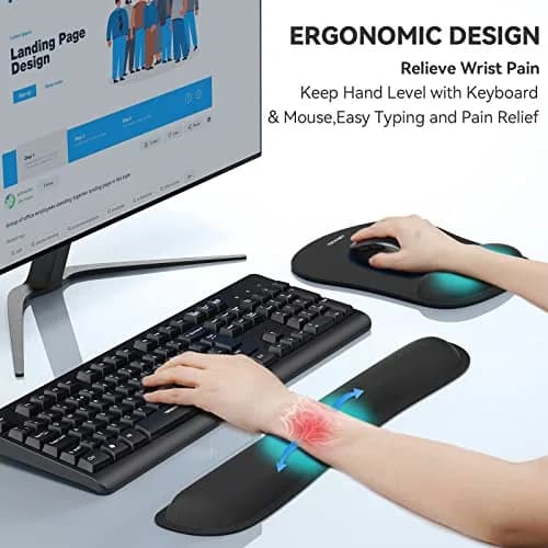 TECKNET Ergonomic Mouse Pad and Keyboard Wrist Rest Set with Wrist Support, Black | Memory Foam Cushion for Pain Relief thumbnail 2