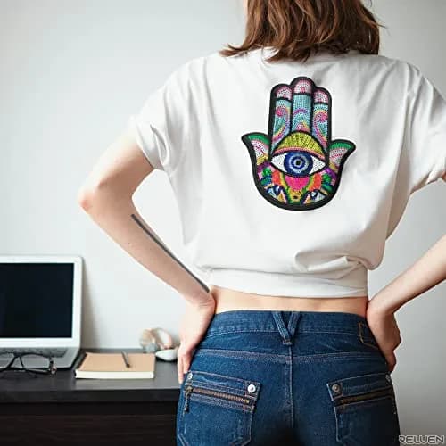 Reluen Evil Eye Iron On Patch Large Sequin Hamsa Hand Embroidered Badge 22cm (8.7in) x 19.5cm (7.7in) thumbnail 5
