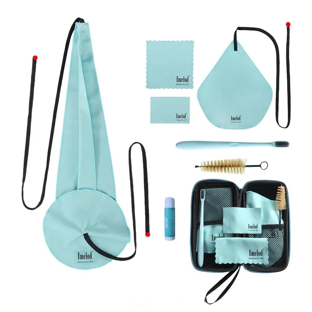Imelod Saxophone Cleaning Kit with Case for Alto Tenor Clarinet Flute | 4pcs Cloth, Mouthpiece Brush, Dark Gray — Light Blue